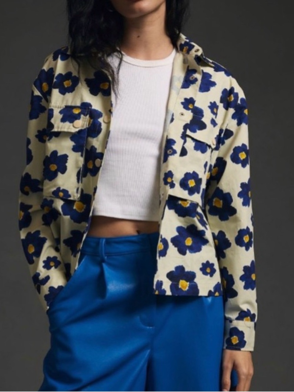 Like New Anthropologie Pepaloves Print Shacket in Cream and Blue size Small